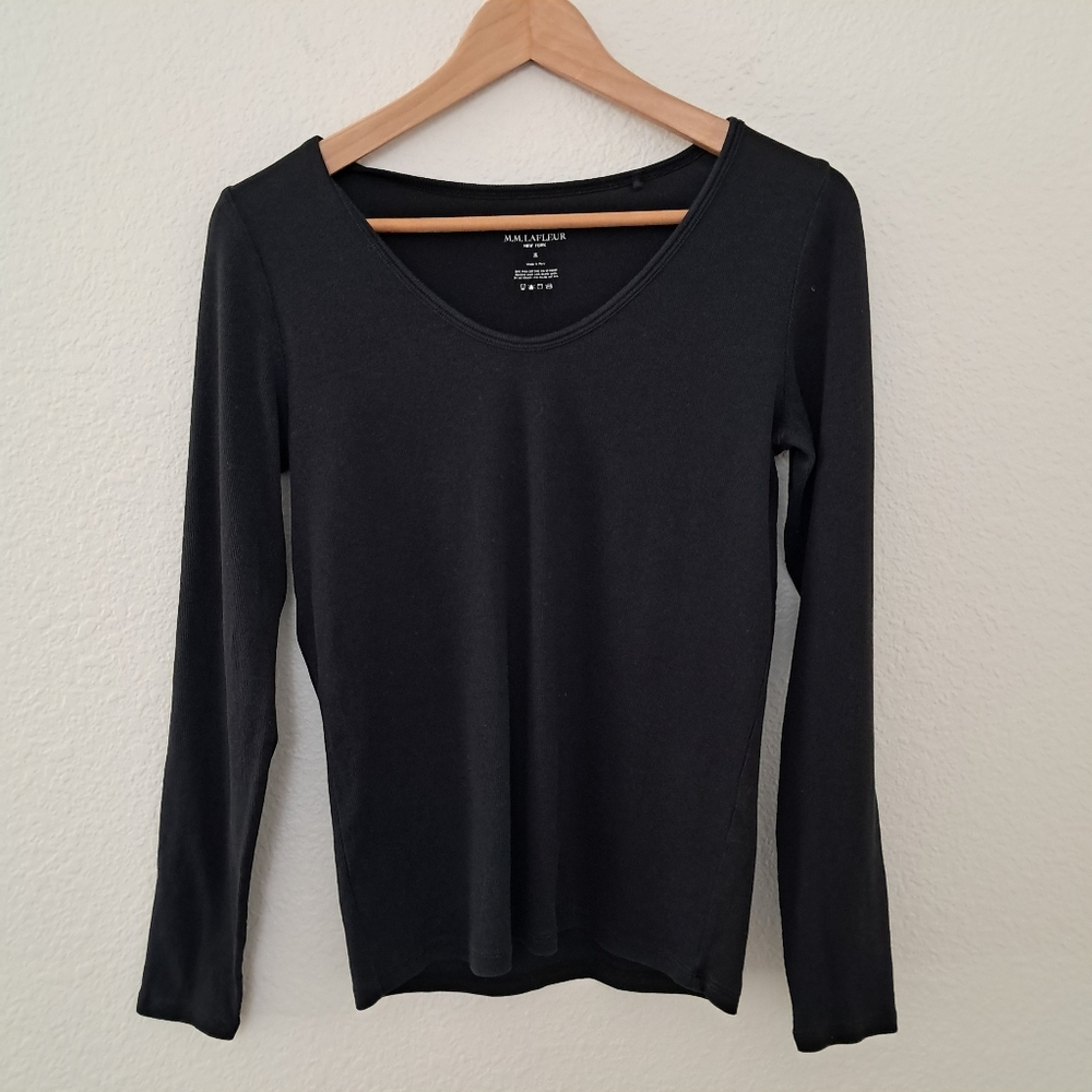 MM Lafleur Ribbed Knit V Neck Long Sleeve Top Black Size Medium Career Business